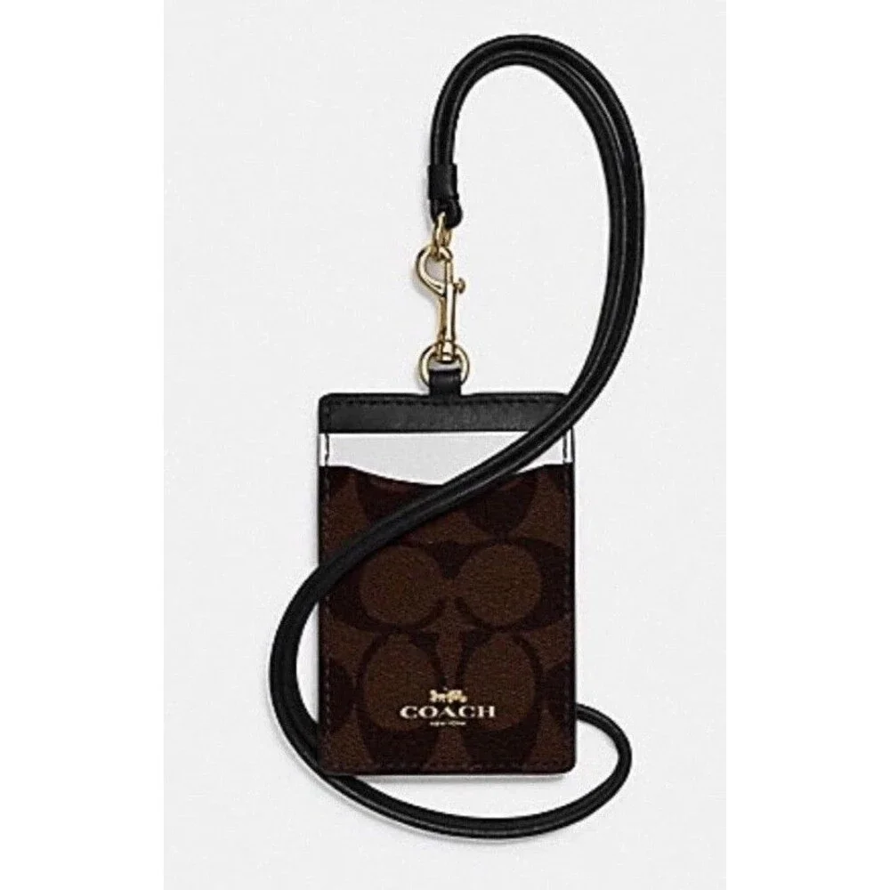 Coach Logo Signature C Leather Brown White Colorblock Lanyard ID Credit Card